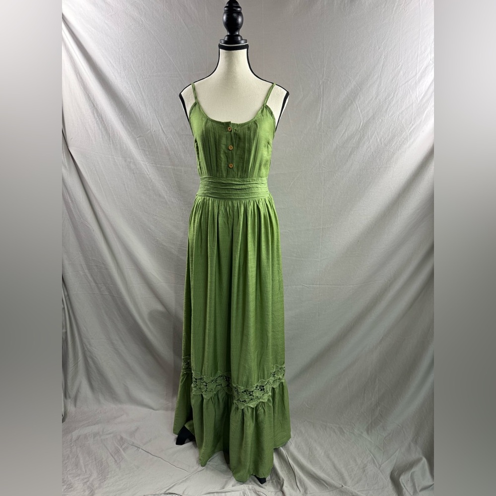 Boho Shirred Ruffle Lace Hem Maxi Dress Green - Picture 6 of 9